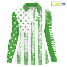 Load image into Gallery viewer, Personalized Green &amp; White American Flag Retro Women golf polo shirt Custom Patriotic ladies golf top NQS10309