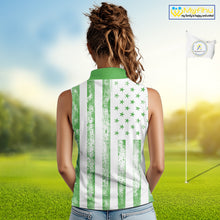 Load image into Gallery viewer, Personalized Green &amp; White American Flag Retro Women sleeveless polo shirt Patriotic laies golf top NQS10309