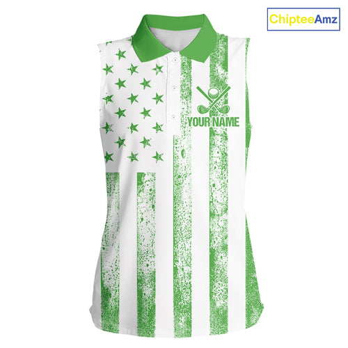 Personalized Green & White American Flag Retro Women sleeveless polo shirt Patriotic laies golf top NQS10309