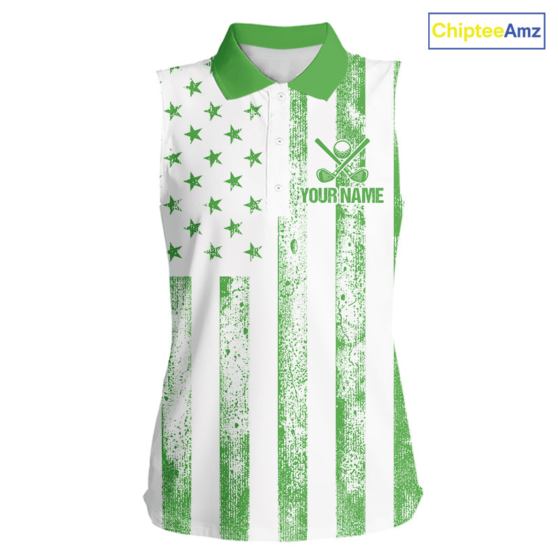 Personalized Green & White American Flag Retro Women sleeveless polo shirt Patriotic laies golf top NQS10309