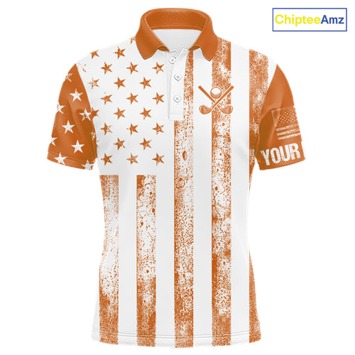 Personalized Orange & White American Flag Retro Men golf polo shirt Custom Patriotic golf top for men NQS10310