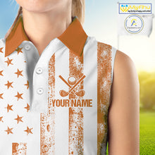 Load image into Gallery viewer, Personalized Orange &amp; White American Flag Retro Women sleeveless polo shirt Patriotic laies golf top NQS10310