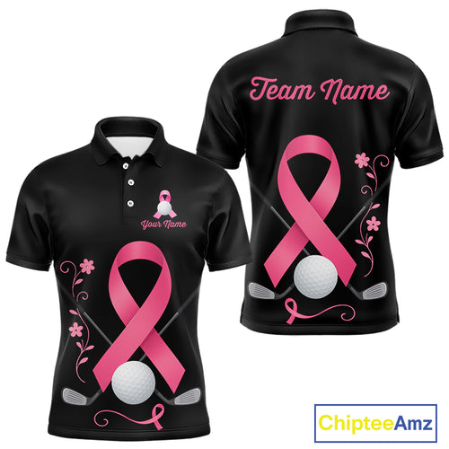 Pink ribbon golf ball clubs Black Mens polo golf shirts Custom Breast cancer team golf jerseys NQS10507
