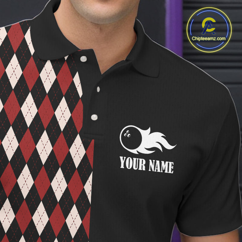 Black and Red Argyle Pattern Retro Bowling Polo, Quarter Zip Shirt for Men Custom Team Bowling Outfit NQS10510