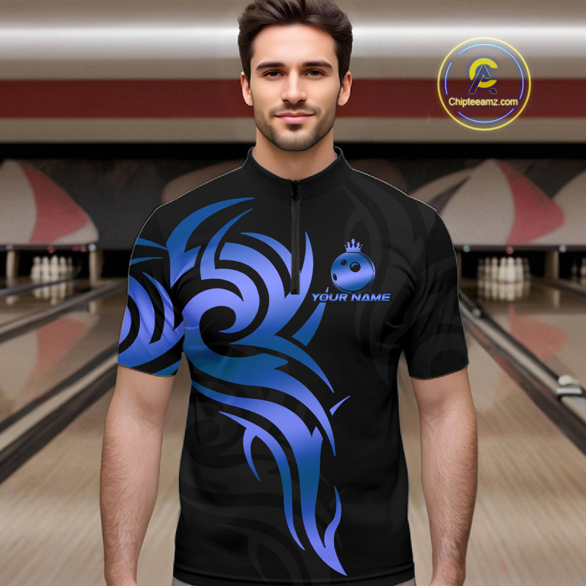 Black and Blue crown Bowling ball Polo, Quarter Zip Shirts for Men Custom Bowling Team jerseys NQS10730