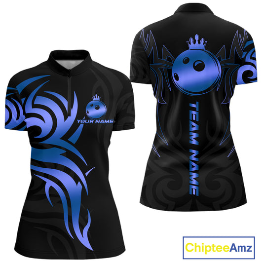 Black and Blue crown Bowling ball Polo, Quarter Zip Shirts for Women Custom Bowling Team jerseys NQS10730