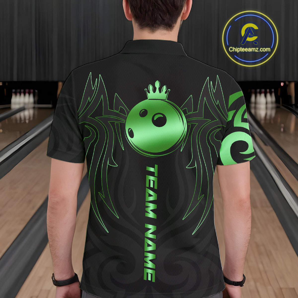 Black and Green crown Bowling ball Polo, Quarter Zip Shirts for Men Custom Bowling Team jerseys NQS10731