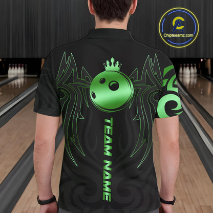 Black and Green crown Bowling ball Polo, Quarter Zip Shirts for Men Custom Bowling Team jerseys NQS10731