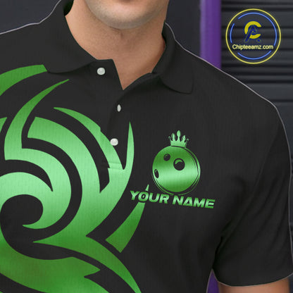 Black and Green crown Bowling ball Polo, Quarter Zip Shirts for Men Custom Bowling Team jerseys NQS10731