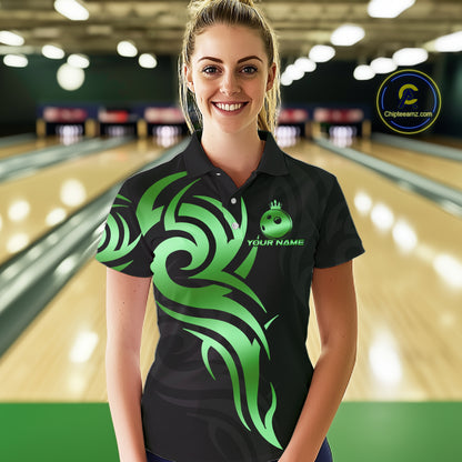 Black and Green crown Bowling ball Polo, Quarter Zip Shirts for Women Custom Bowling Team jerseys NQS10731