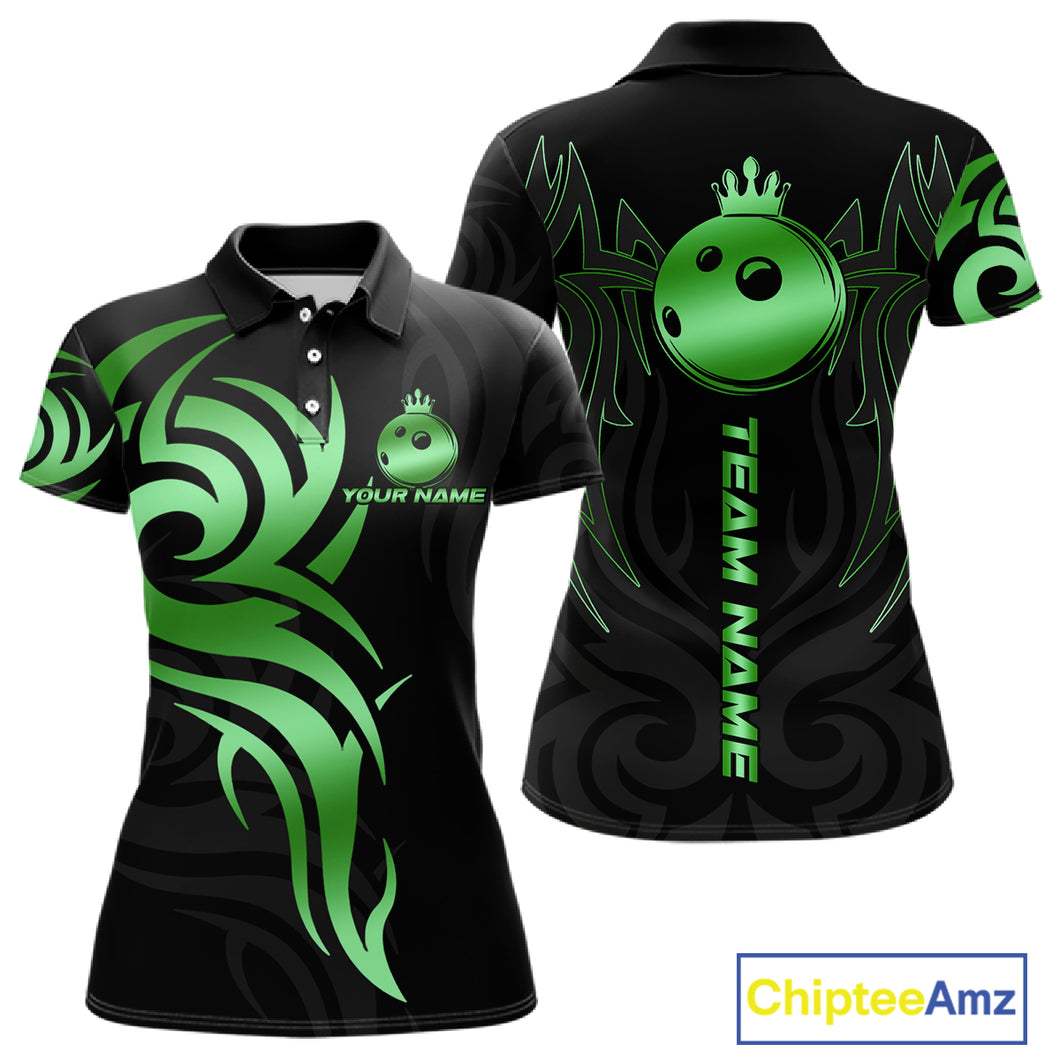 Black and Green crown Bowling ball Polo, Quarter Zip Shirts for Women Custom Bowling Team jerseys NQS10731