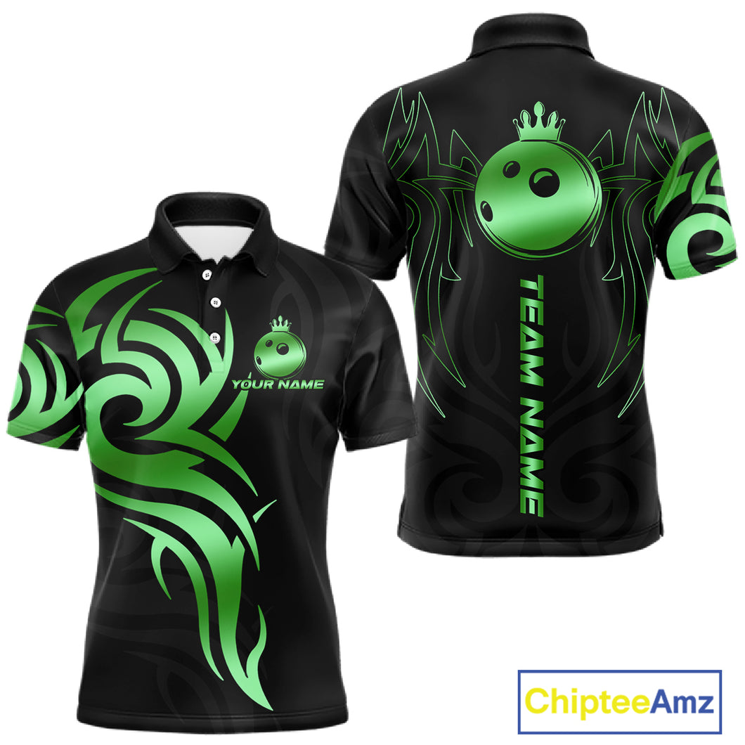 Black and Green crown Bowling ball Polo, Quarter Zip Shirts for Men Custom Bowling Team jerseys NQS10731