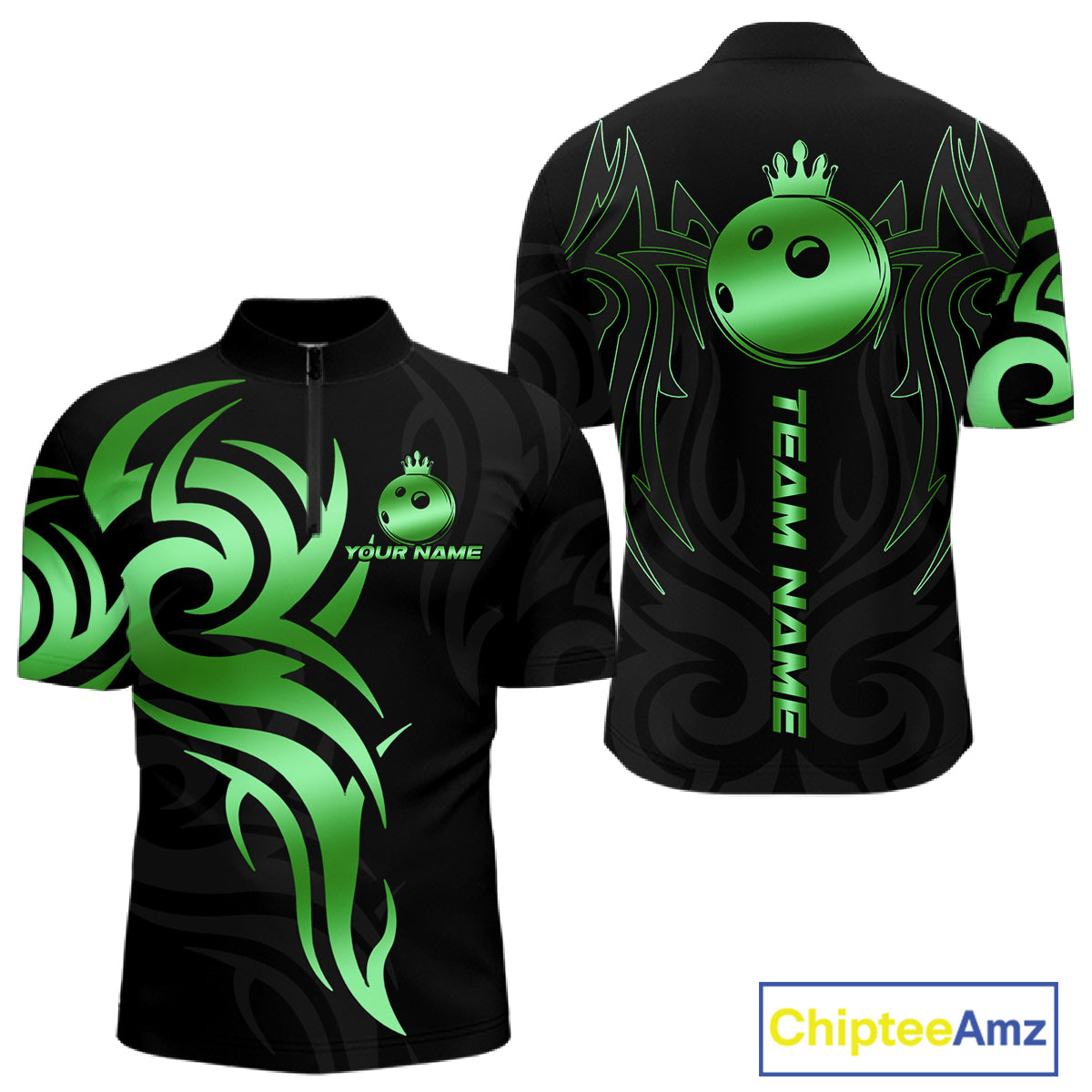 Black and Green crown Bowling ball Polo, Quarter Zip Shirts for Men Custom Bowling Team jerseys NQS10731