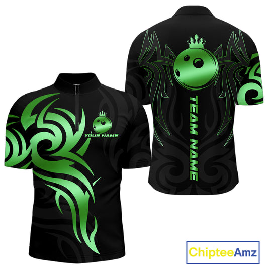 Black and Green crown Bowling ball Polo, Quarter Zip Shirts for Men Custom Bowling Team jerseys NQS10731