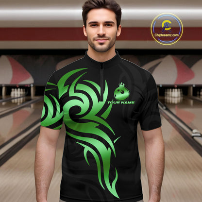 Black and Green crown Bowling ball Polo, Quarter Zip Shirts for Men Custom Bowling Team jerseys NQS10731