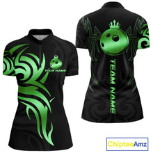 Load image into Gallery viewer, Black and Green crown Bowling ball Polo, Quarter Zip Shirts for Women Custom Bowling Team jerseys NQS10731