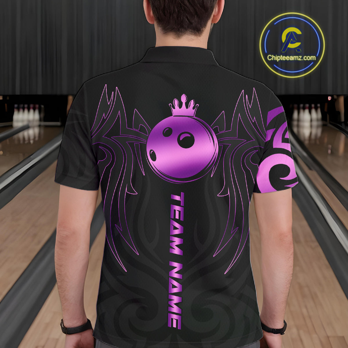 Black and Purple crown Bowling ball Polo, Quarter Zip Shirts for Men Custom Bowling Team jerseys NQS10732