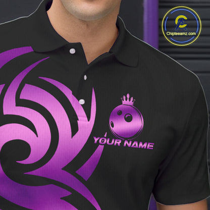 Black and Purple crown Bowling ball Polo, Quarter Zip Shirts for Men Custom Bowling Team jerseys NQS10732