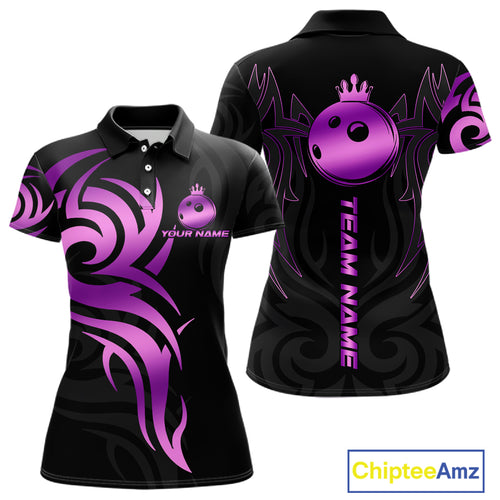 Black and Purple crown Bowling ball Polo, Quarter Zip Shirts for Women Custom Bowling Team jerseys NQS10732