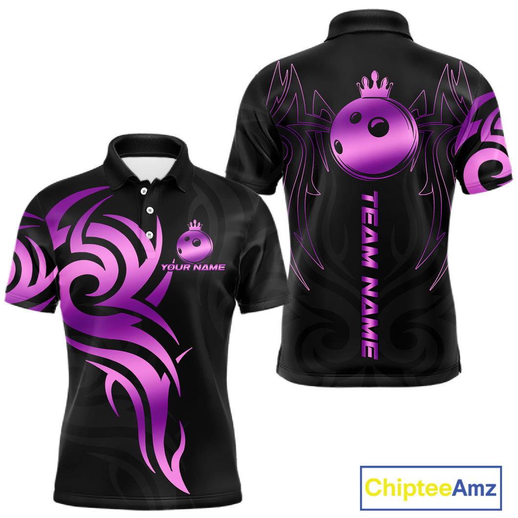 Black and Purple crown Bowling ball Polo, Quarter Zip Shirts for Men Custom Bowling Team jerseys NQS10732