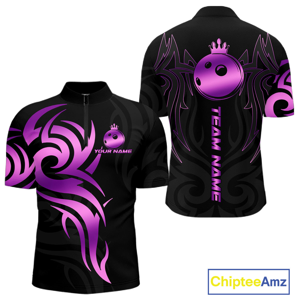 Black and Purple crown Bowling ball Polo, Quarter Zip Shirts for Men Custom Bowling Team jerseys NQS10732