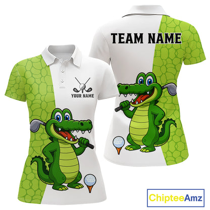 Green & White Funny Alligator Golf Polo Shirt For Women Custom ladies's golf apparel funny golf gifts NQS10738