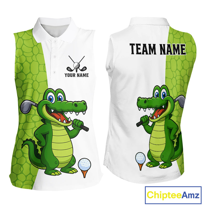 Green & White Funny Alligator Women Sleeveless Polo Shirt Custom ladies's golf apparel golf gifts NQS10738