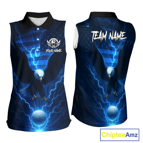Blue lightning Thunder American Flag Eagle Sleeveless Golf Polo Shirt Custom ladies golf outfit NQS10737