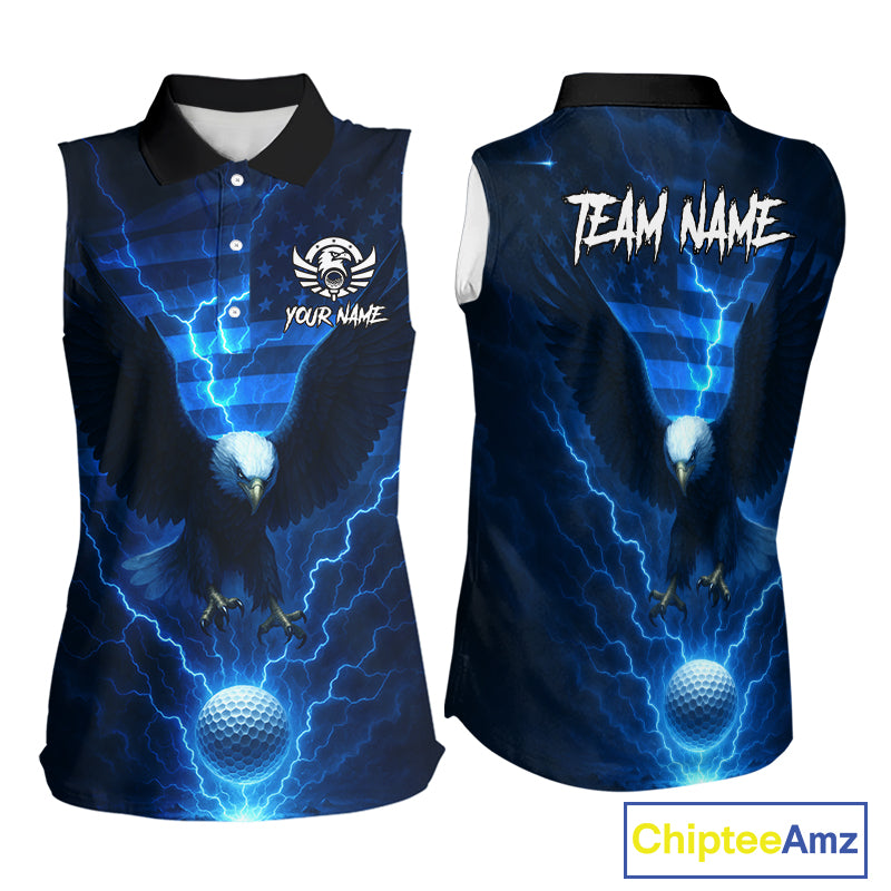 Blue lightning Thunder American Flag Eagle Sleeveless Golf Polo Shirt Custom ladies golf outfit NQS10737