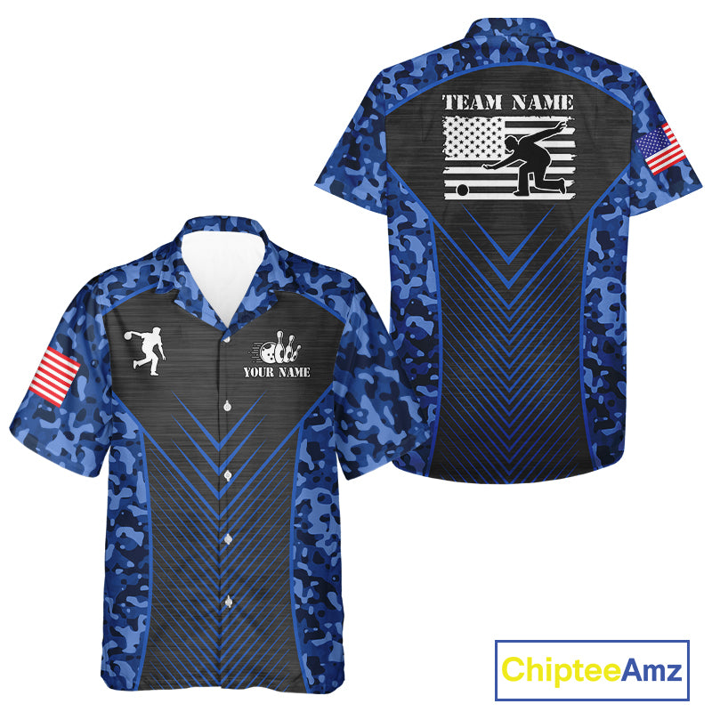 Bowling Hawaiian Shirt Custom blue camo American flag team bowling League Jerseys NQS11116