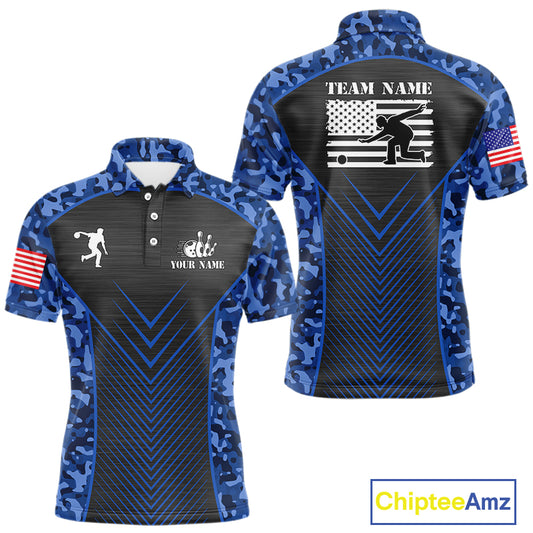 Mens Bowling Polo, Quarter Zip Shirts Custom blue camo American flag team bowling League Jerseys NQS11116