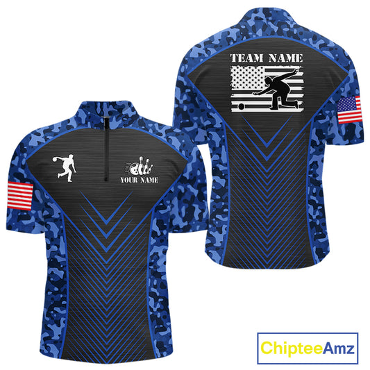 Mens Bowling Polo, Quarter Zip Shirts Custom blue camo American flag team bowling League Jerseys NQS11116