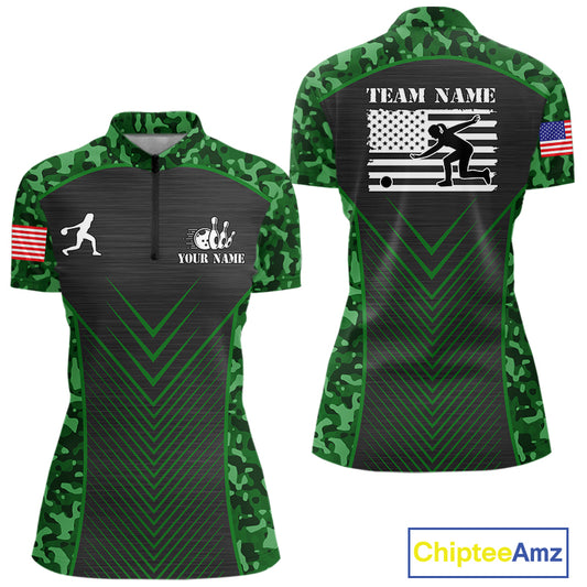 Women Bowling Polo, Quarter Zip Shirts Custom green camo American flag team bowling League Jerseys NQS11117