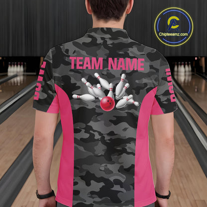 Mens bowling polo, 1/4 zip shirts Custom gray camo Bowling Team Jersey, Bowling League Shirt | Pink NQS11118