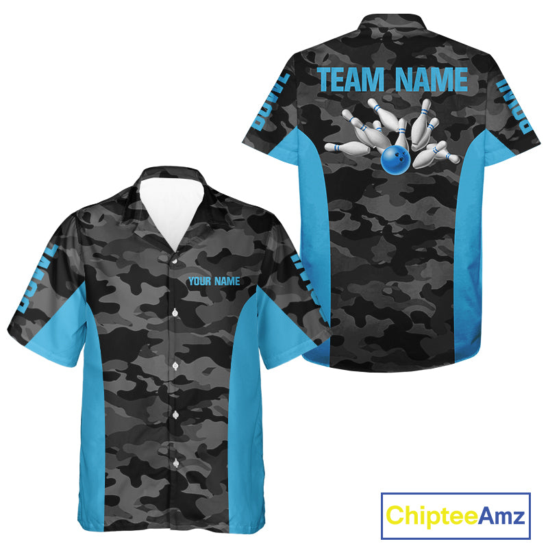 Bowling Button up Shirt Custom gray camo Hawaiian Bowling Team Jersey, Bowling League Shirt | Blue NQS11119