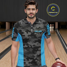 Load image into Gallery viewer, Mens bowling polo, 1/4 zip shirts Custom gray camo Bowling Team Jersey, Bowling League Shirt | Blue NQS11119