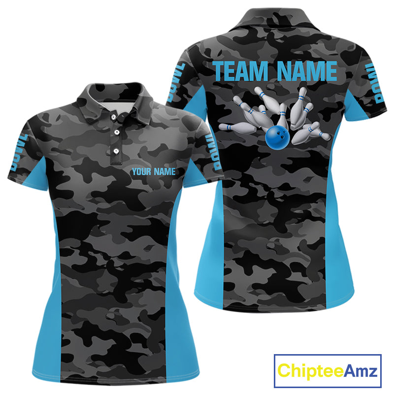 Women bowling polo, 1/4 zip shirts Custom gray camo Bowling Team Jersey, Bowling League Shirt | Blue NQS11119