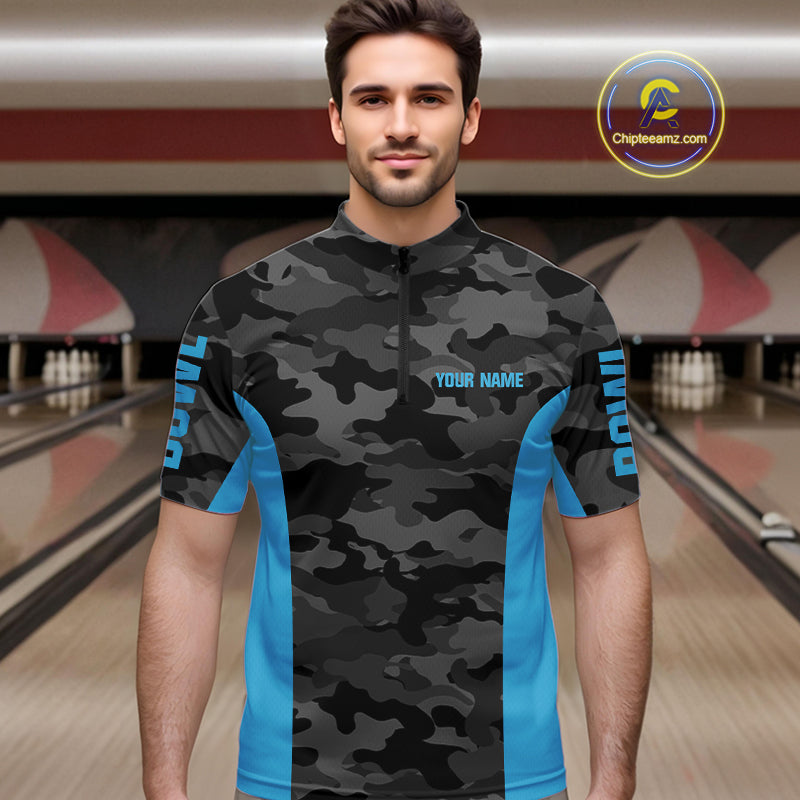 Mens bowling polo, 1/4 zip shirts Custom gray camo Bowling Team Jersey, Bowling League Shirt | Blue NQS11119