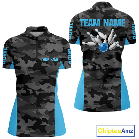 Women bowling polo, 1/4 zip shirts Custom gray camo Bowling Team Jersey, Bowling League Shirt | Blue NQS11119