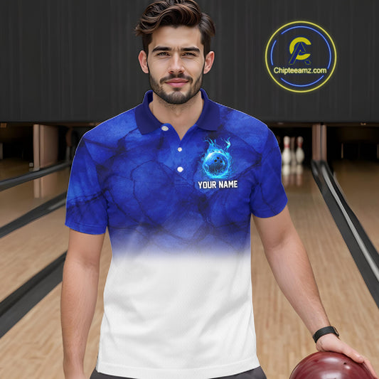 Blue and White Bowling Polo, Quarter Zip Shirt For Men Custom Team Bowling jerseys NQS11321