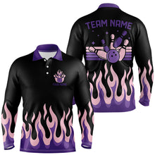 Load image into Gallery viewer, Black and Purple Flame Retro Bowling Polo, Quarter Zip Shirt for Men Custom Bowling Team Jerseys NQS9427