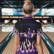 Load image into Gallery viewer, Black and Purple Flame Retro Bowling Polo, Quarter Zip Shirt for Women Custom Bowling Team Jerseys NQS9427