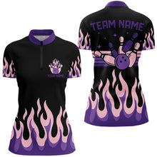 Load image into Gallery viewer, Black and Purple Flame Retro Bowling Polo, Quarter Zip Shirt for Women Custom Bowling Team Jerseys NQS9427