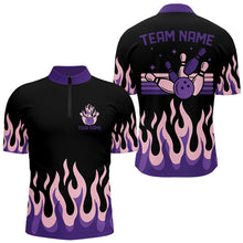 Load image into Gallery viewer, Black and Purple Flame Retro Bowling Polo, Quarter Zip Shirt for Men Custom Bowling Team Jerseys NQS9427