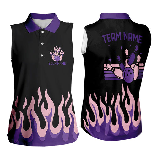 Black and Purple Flame Retro Bowling Sleeveless Polo Shirt Custom Bowling Team Jerseys NQS9427