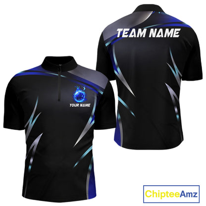 Black and blue Bowling Polo, Quarter Zip Shirts for Men Custom Team bowling shirts with flames NQS11531
