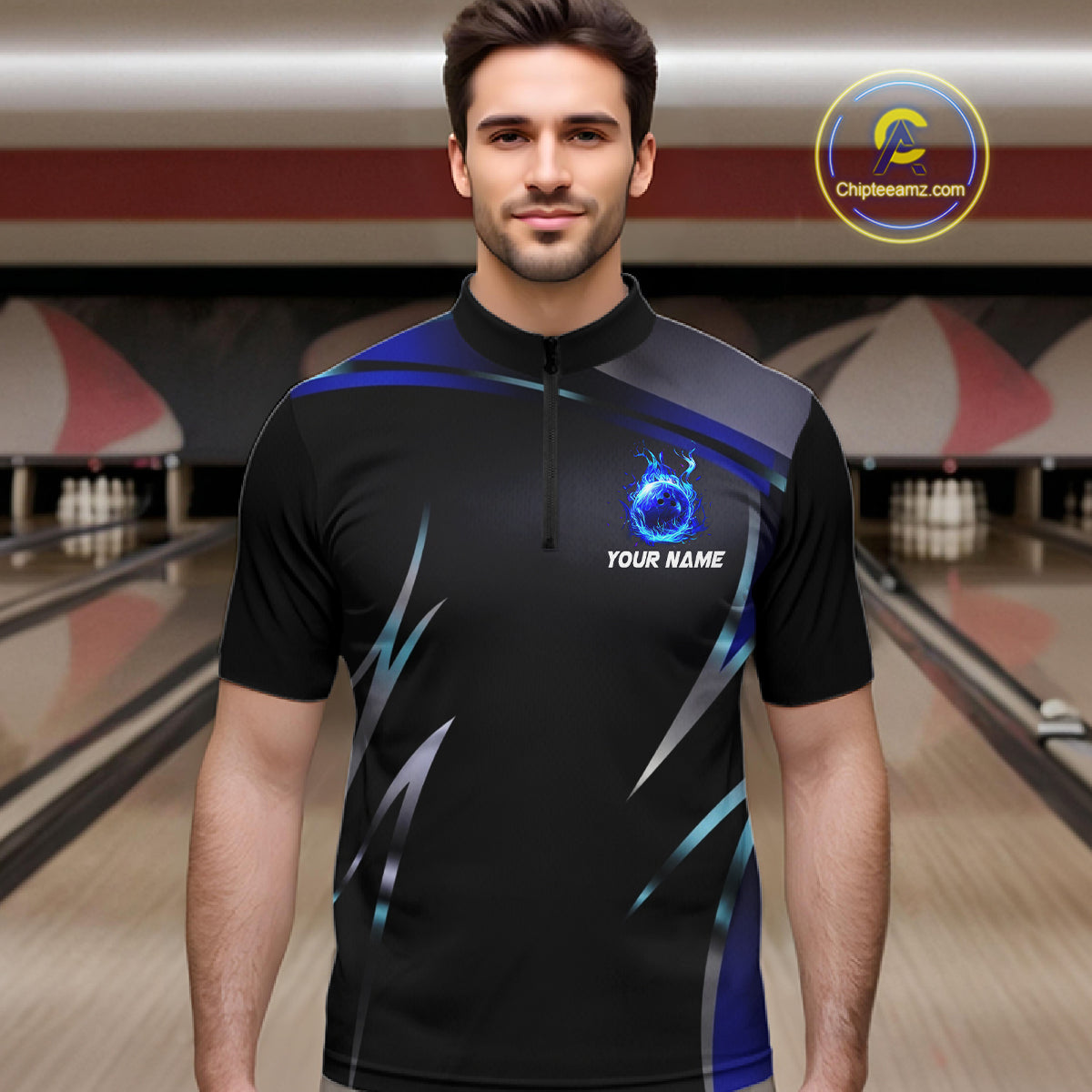 Black and blue Bowling Polo, Quarter Zip Shirts for Men Custom Team bowling shirts with flames NQS11531