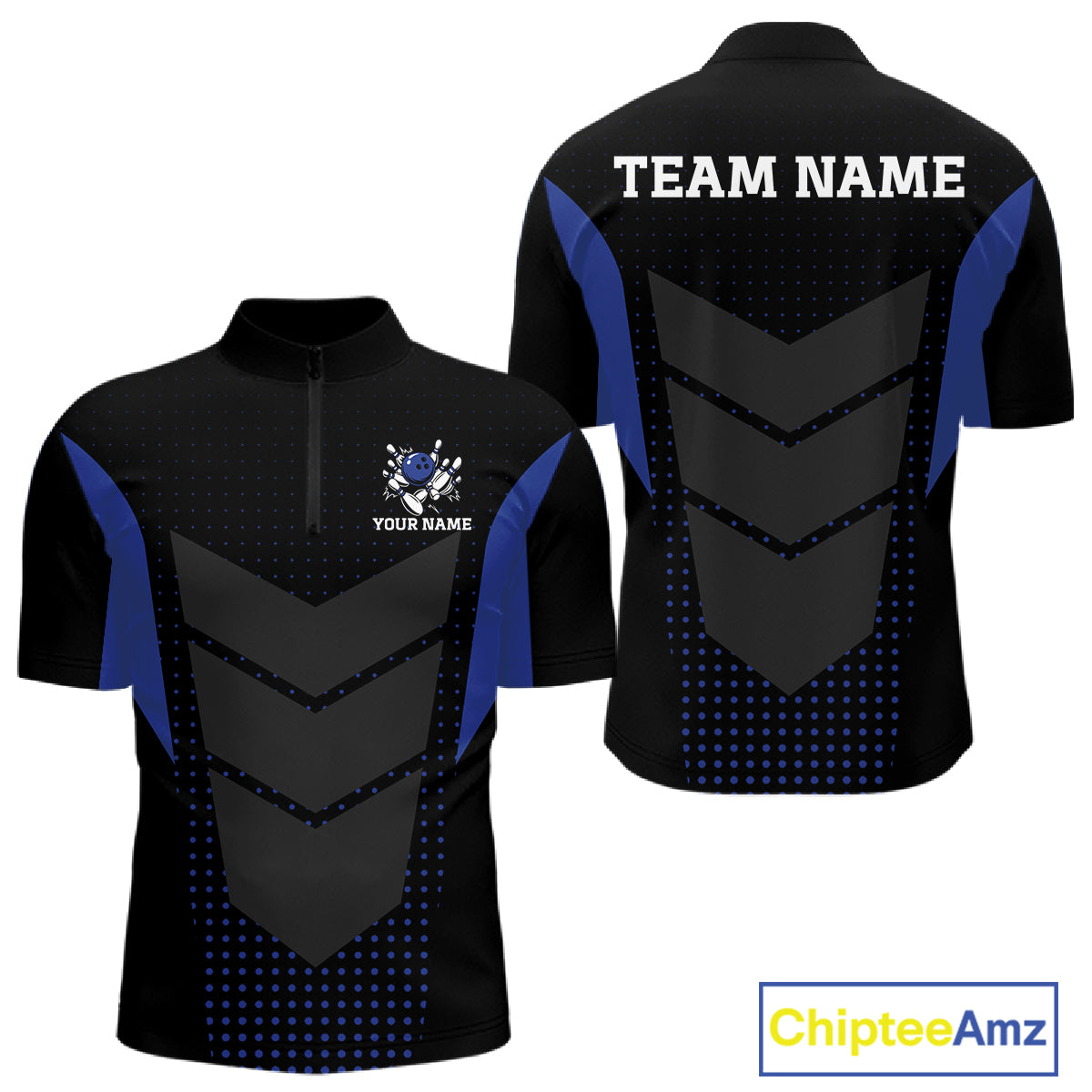 Navy blue and Black Mens Bowling Jerseys Custom Team bowling polo shirts for men, bowling zip jerseys NQS11532