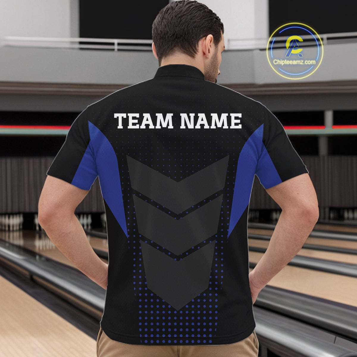 Navy blue and Black Mens Bowling Jerseys Custom Team bowling polo shirts for men, bowling zip jerseys NQS11532