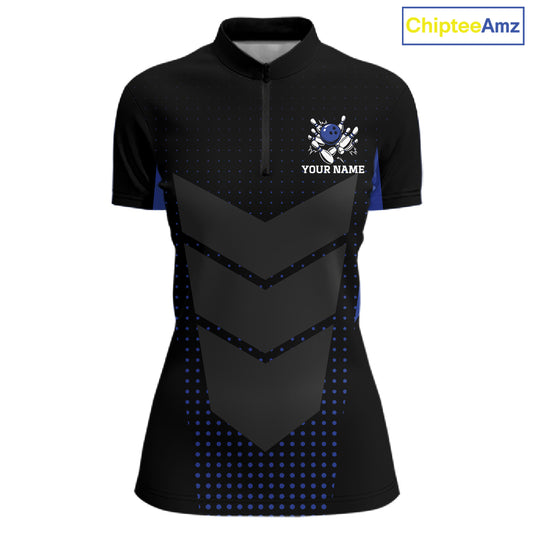 Navy blue and Black Womens Bowling Jerseys Custom Team bowling polo shirts, bowling zip jerseys NQS11532